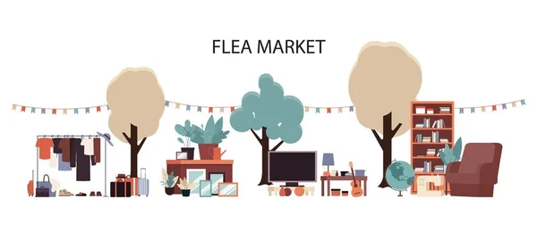 Flea market - flat cartoon furniture and clothes set on outside garage sale — 图库矢量图片