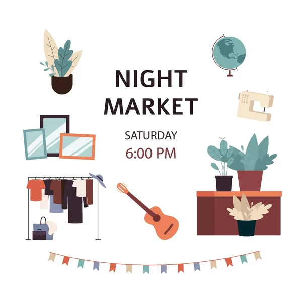 Anuncio de pancarta del mercado nocturno con muebles de dibujos animados aislados y ropa para tienda de segunda mano en la calle — Vector de stock