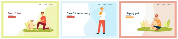 Cartoon Hund und Besitzer Banner Set - bester Freund, umsichtiger Tierarzt, glückliches Haustier — Stockvektor