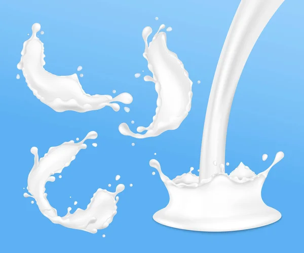 Realisztikus tej fröccsenés áramlás készlet - fehér krém csepp dinamikus mozgás — Stock Vector