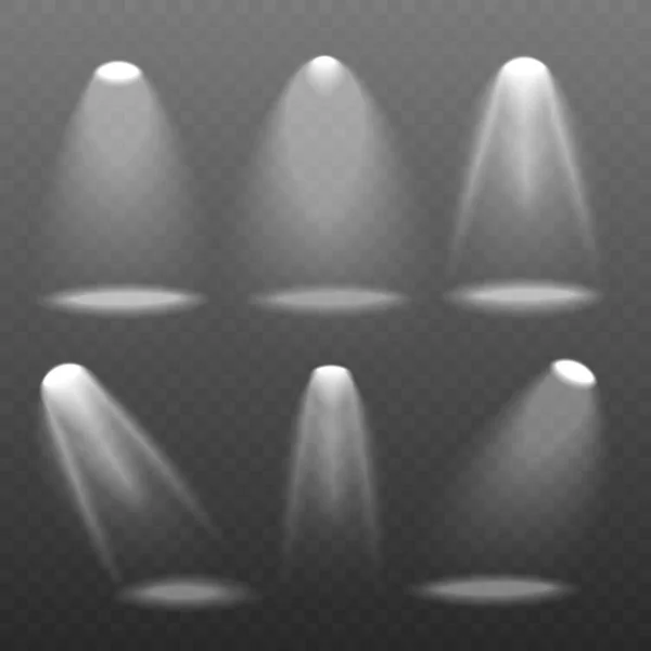 Ensemble réaliste de projecteurs isolés - collection de faisceaux lumineux de scène blanc vif — Image vectorielle