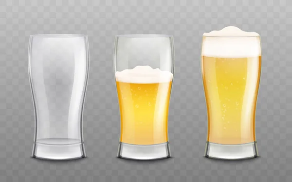 Glazen leeg en gevuld met geschuimd bier 3d vector illustratie geïsoleerd. — Stockvector