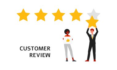 Five stars customer review - cartoon businessman holing up the fifth star and black woman holding thumbs up clipart