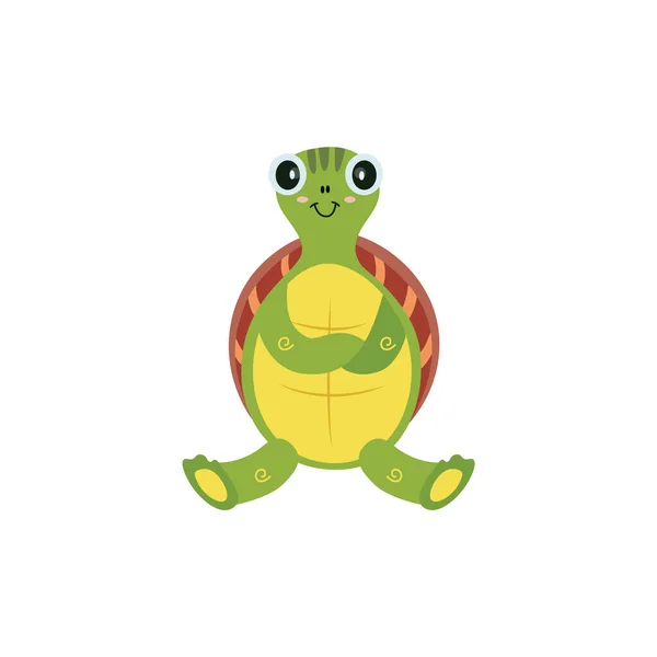 Cute cartoon turtle isolated on white background, childish animal character sitting with arms crossed — Stock Vector