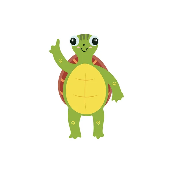 Cute cartoon turtle with raised arm pointing a finger — Stock Vector