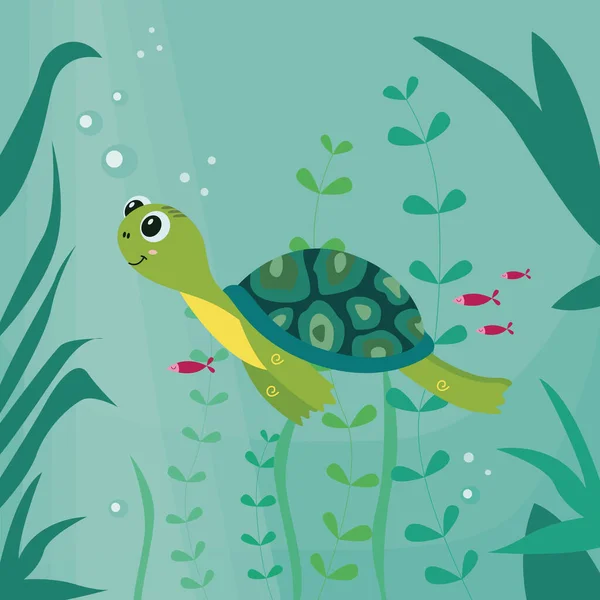 만화 거북은 물 속 배경 위에서 벡터 그림을 그리고 있다. — 스톡 벡터