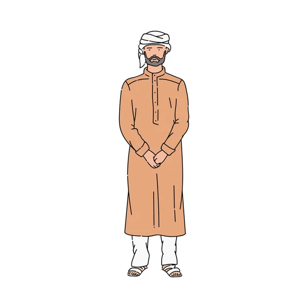 Серьезный человек в мусульманской одежде и тюрбане стоит прямо. — стоковый вектор