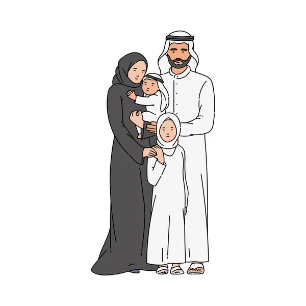 Familia musulmana con padre, madre e hijo el bosquejo vector ilustración aislado. — Vector de stock