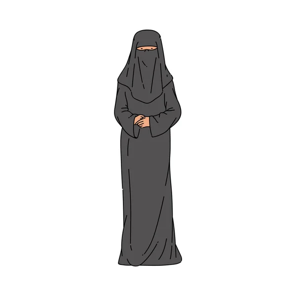 Mujer musulmana en el vestido negro y hijab o burka vector ilustración aislada. — Vector de stock