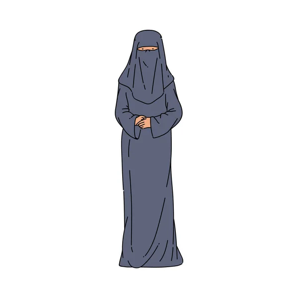 Muselman kvinna i lång klänning med hijab eller burqa vektor illustration isolerad. — Stock vektor