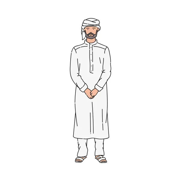 Dessin animé homme musulman en thobe gris traditionnel et turban debout avec un visage sérieux — Image vectorielle