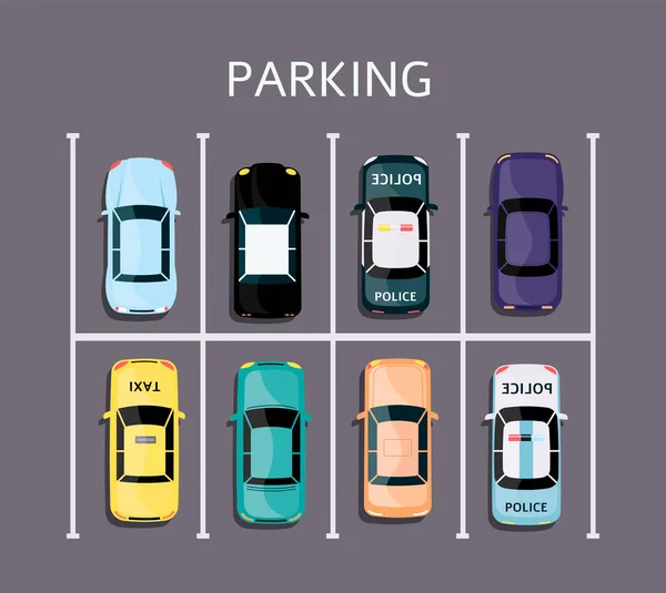 21 0515 car top view 02 simfull parking lot top view - Color cars parked in rectangular angle grid vehicle park system — 图库矢量图片