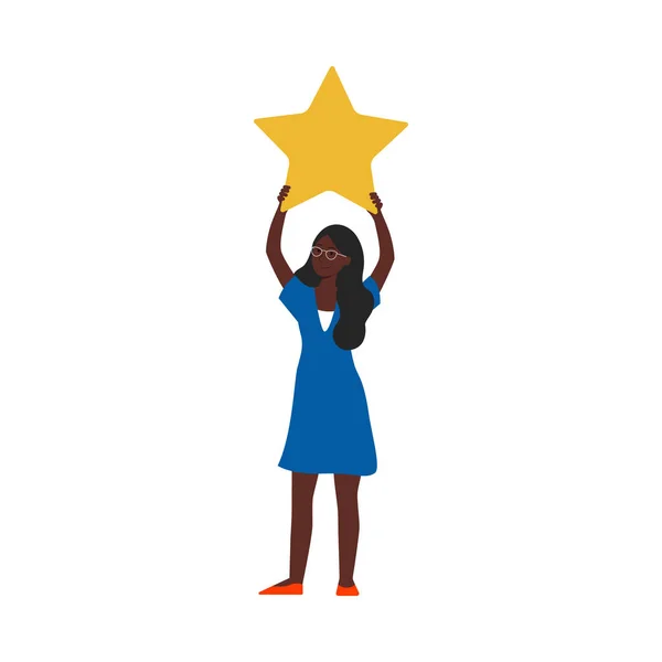 Αφρικανή με μπλε φόρεμα που κρατάει ένα κίτρινο αστέρι — Διανυσματικό Αρχείο