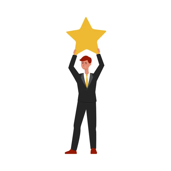 Tecknad affärsman i kostym hålla upp en gul stjärna, kund feedback rating punkt symbol — Stock vektor