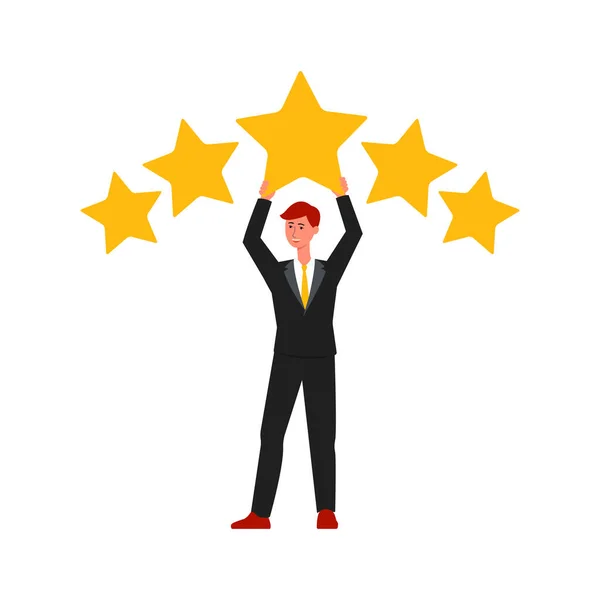 Glad tecknad affärsman håller upp en av gula fem stjärna betyg — Stock vektor