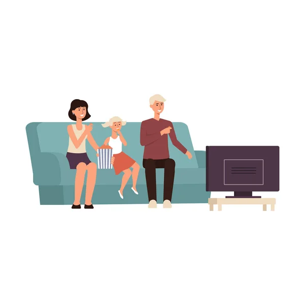 Família dos desenhos animados assistindo TV juntos em um sofá — Vetor de Stock