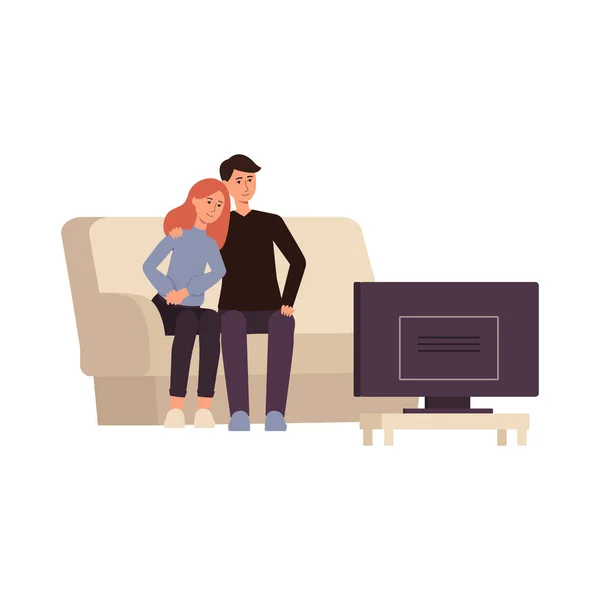 Couple profiter de regarder une télévision à la maison plat dessin animé vecteur illustration isolé. — Image vectorielle