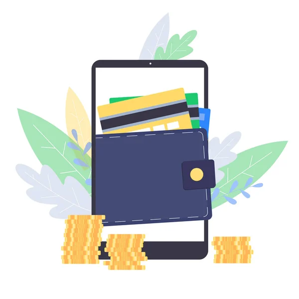 Digitale mobiele portemonnee concept met telefoon scherm platte vector illustratie geïsoleerd. — Stockvector