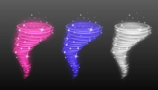 Conjunto de tornados de luz mágica: huracanes rosados, azules y blancos brillantes — Vector de stock