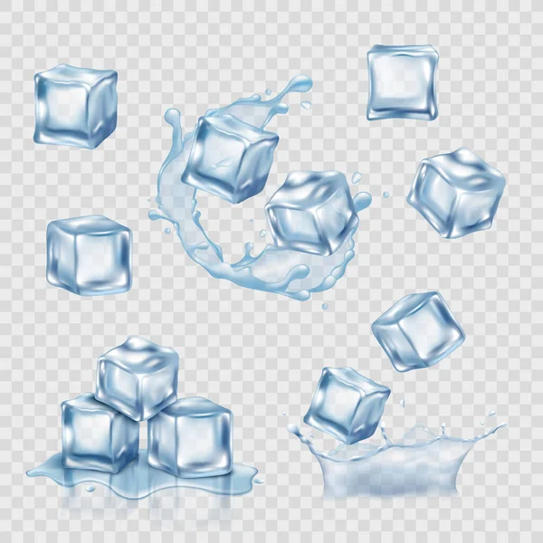 Conjunto de cubos de hielo transparentes, ilustración realista vector maqueta aislado. — Vector de stock