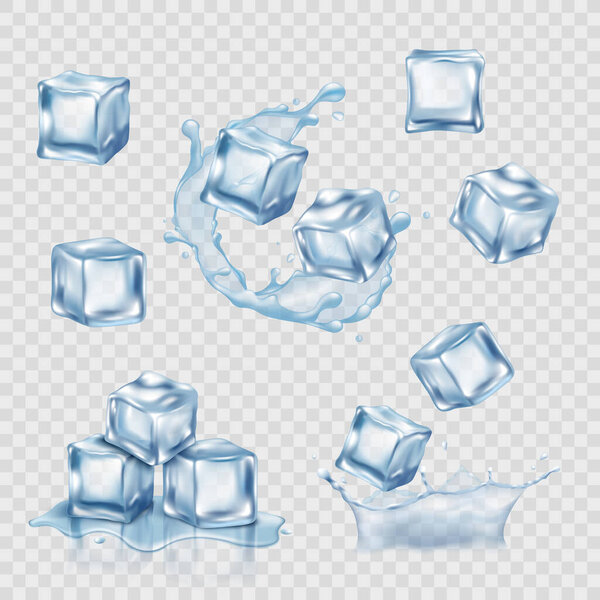 Set of transparent ice cubes, realistic mockup vector illustration isolated.