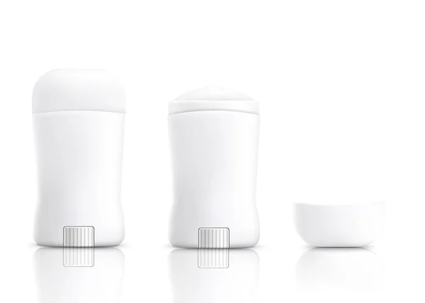 Witte plastic deodorant fles met open en gesloten dop en rolwiel — Stockvector