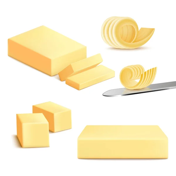 Bloco de manteiga, paus e fatias isoladas sobre fundo branco — Vetor de Stock