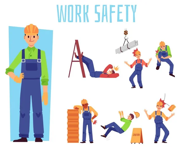 Work safety set with cartoon builder men in pain from falling objects — Stock Vector