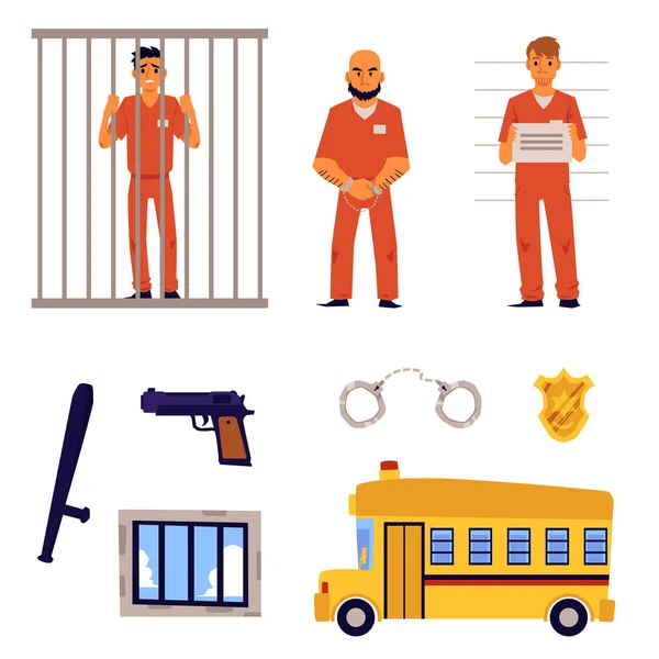 Misdaad en gevangenisset met gedetineerde karakters platte vectorillustratie geïsoleerd. — Stockvector