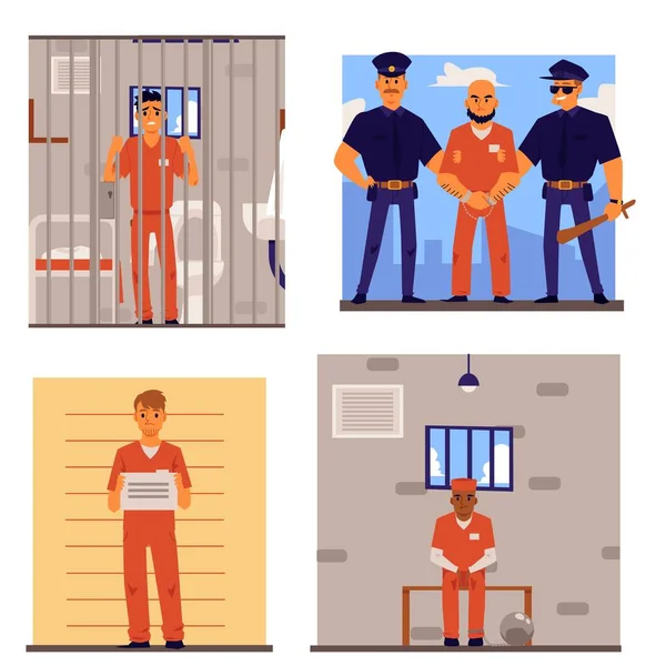 Kreskówkowy zestaw przestępców w więziennym mundurze w więzieniu lub w więzieniu — Wektor stockowy