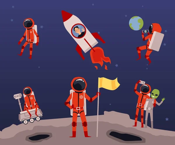 Uzay arkaplanındaki çizgi film astronotu - kırmızı uzay elbiseli insanlar — Stok Vektör