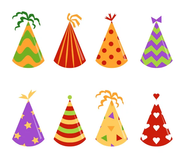 Divertido chapéu de festa de férias conjunto isolado no fundo branco - chapéus de cone festivo — Vetor de Stock