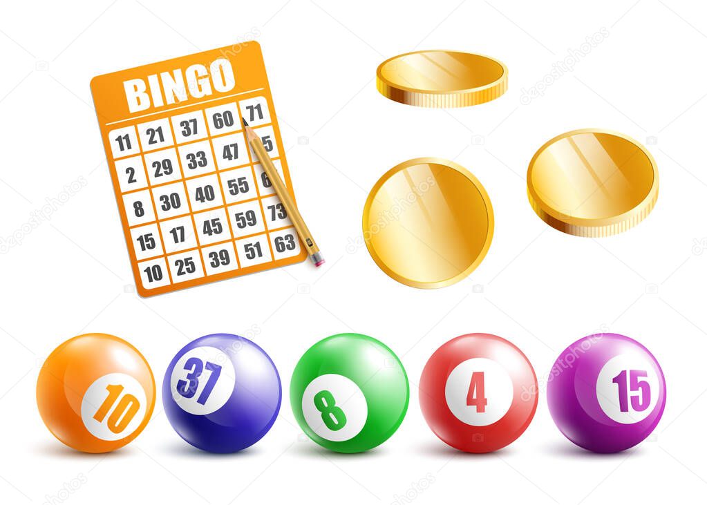 Realistic bingo equipment set - card board, golden coin chips and balls