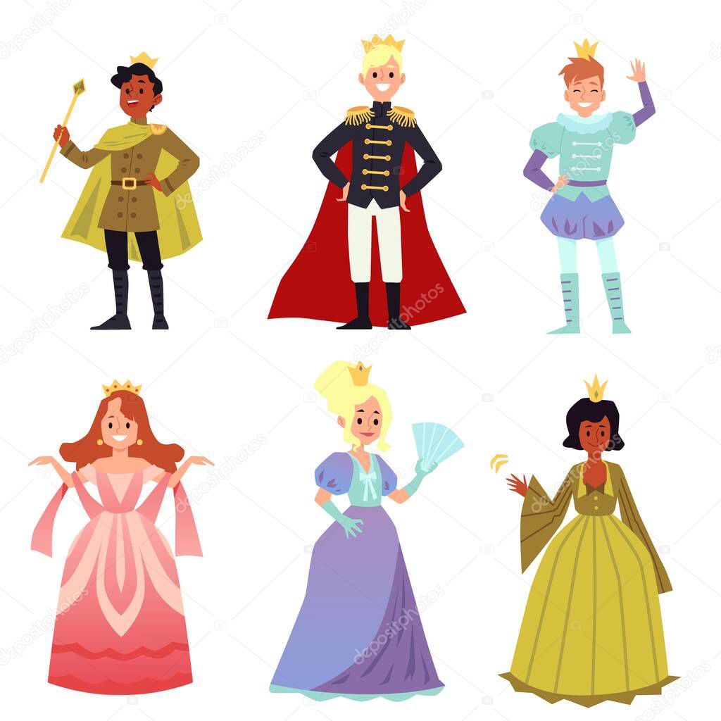 People in medieval costumes - isolated set of cartoon prince and princess