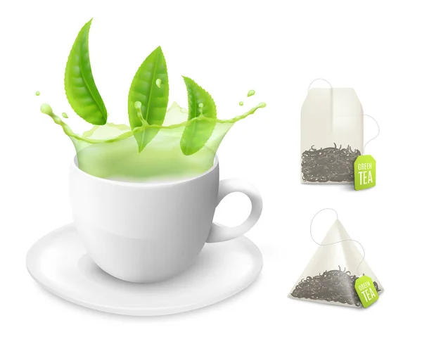 Mockups dengan secangkir teh hijau dan tas gambar vektor realistis terisolasi. - Stok Vektor