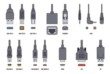 USB cable and mobile cell phone plugs set realistic vector illustration isolated. clipart