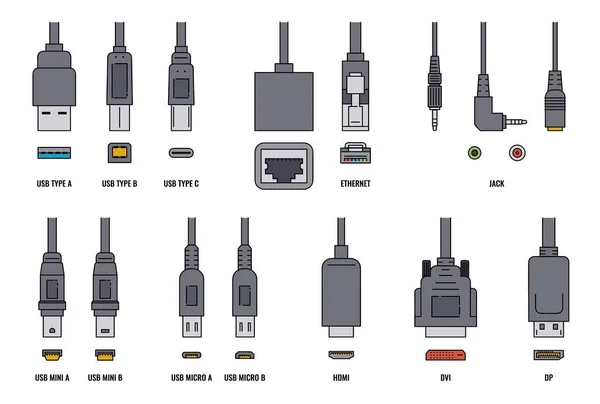 Cable USB y enchufes para teléfonos celulares móviles establecen ilustración vectorial realista aislado. — Archivo Imágenes Vectoriales