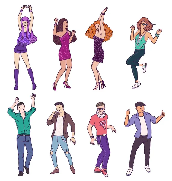 Gruppo di persone personaggi in stile schizzo danza vettore illustrazione isolato. — Vettoriale Stock
