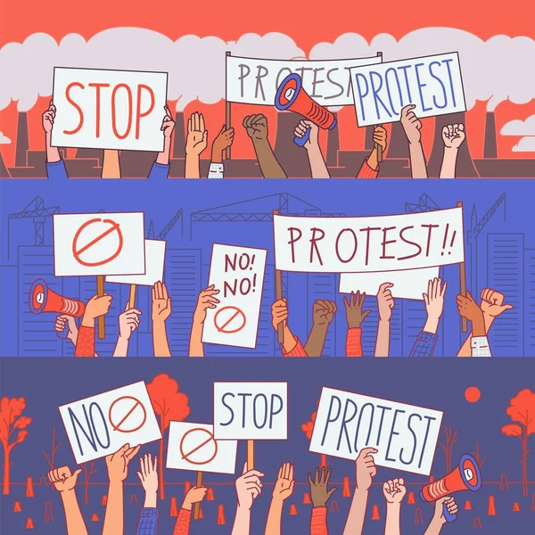Banner mit Händen, auf denen Protestschilder und Fäuste zu sehen sind. — Stockvektor