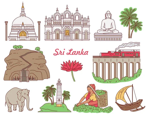Zestaw ikon Sri Lanki turystycznych punkt orientacyjny zestaw szkic wektor ilustracja izolowane. — Wektor stockowy