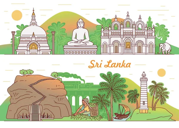 Conjunto de folhetos ou banners com ilustrações vetoriais de esboço de marcos do Sri Lanka . —  Vetores de Stock