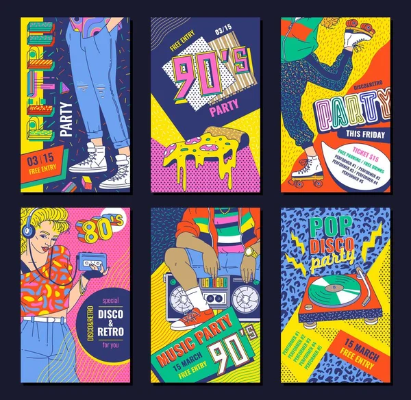 レトロパーティー用の80年代ディスコスタイルのポスターセット-カラフルな招待状 — ストックベクタ