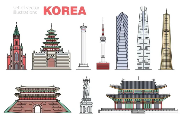 Set van moderne en historische Koreaanse oriëntatiepunten vector illustratie geïsoleerd. — Stockvector