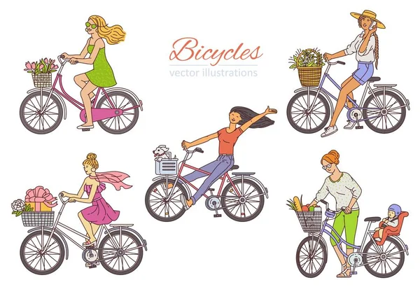 Set van jonge meisjes karakter rijden fiets, schets vector illustratie geïsoleerd. — Stockvector