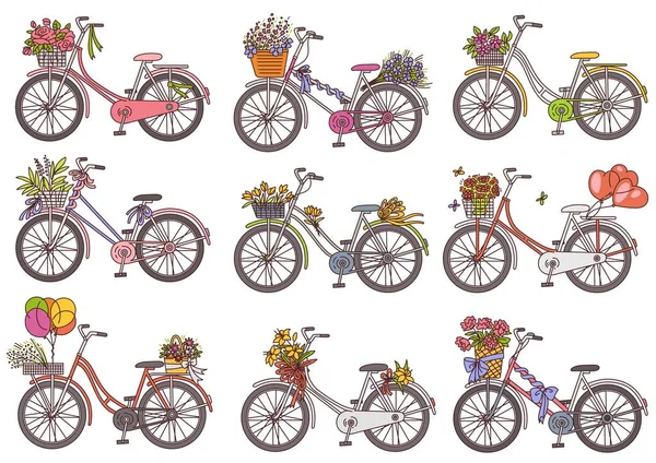 Старовинний велосипедний набір з квітковим кошиком та прикрасами колекція ретро-велосипедів — стоковий вектор