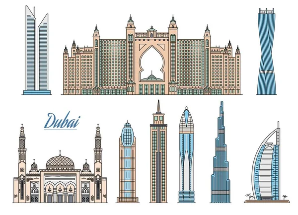 Set von Dubai Wolkenkratzern und Hotels Symbole Skizze Vektor Illustration isoliert. — Stockvektor