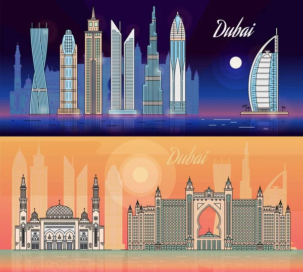 Dubai City Skyline detaillierte Hintergründe oder Banner setzen flache Vektorillustration. — Stockvektor