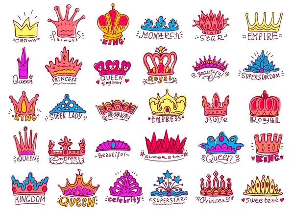 Reis e rainhas coroas elementos conjunto vetorial desenho animado ilustração isolado . — Vetor de Stock