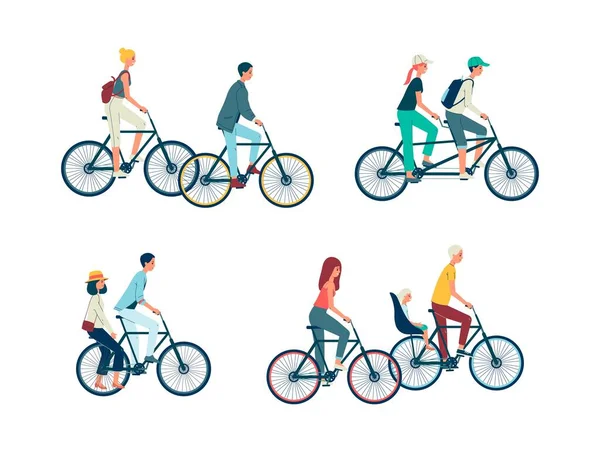 Set people riding bicycle and tandem bike flat vector illustration isolated. — Stock Vector