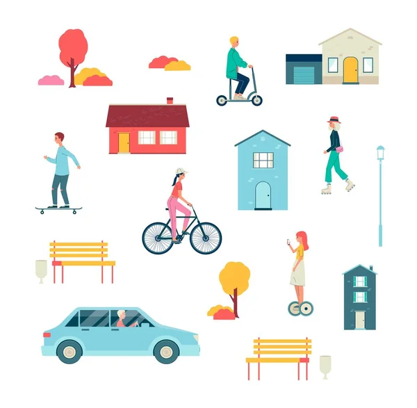 Collection of people riding various vehicles - vector isolated icons — Stock Vector